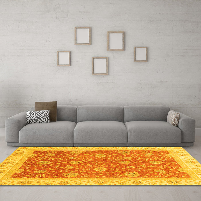 Machine Washable Oriental Yellow Traditional Rug in a Living Room, wshabs3652yw