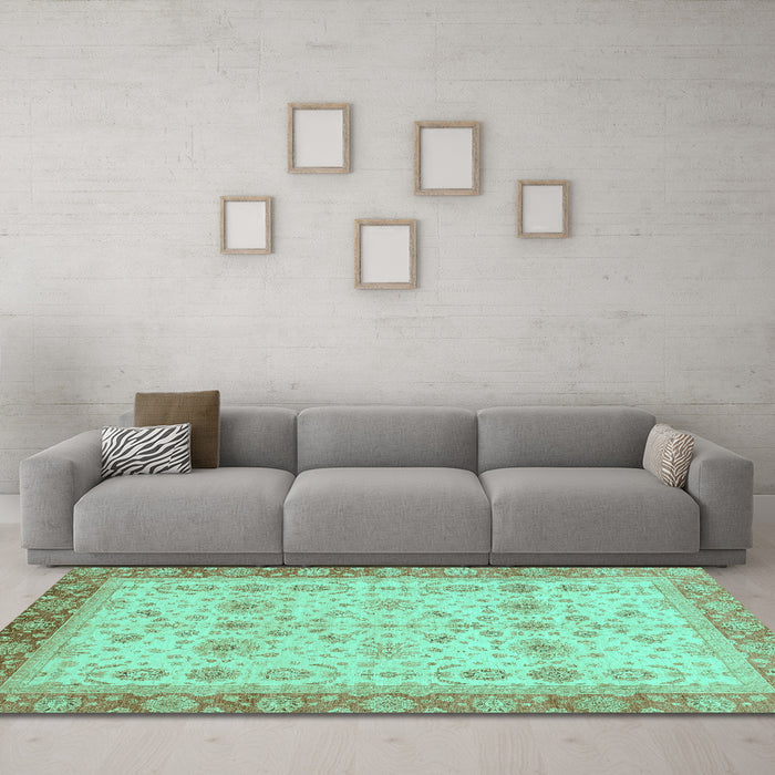 Machine Washable Oriental Turquoise Traditional Area Rugs in a Living Room,, wshabs3653turq