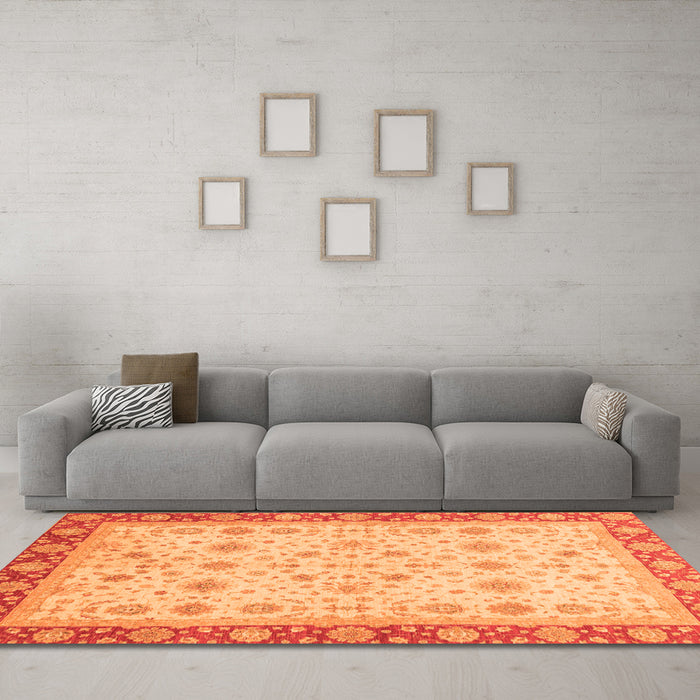Machine Washable Abstract Orange Modern Area Rugs in a Living Room, wshabs3654org