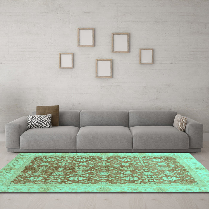 Machine Washable Oriental Turquoise Traditional Area Rugs in a Living Room,, wshabs3655turq