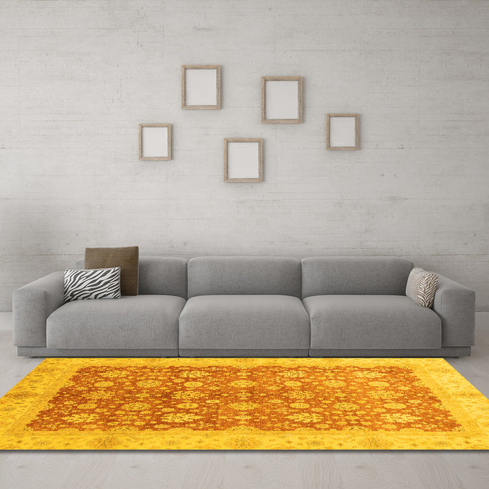 Machine Washable Oriental Yellow Traditional Rug in a Living Room, wshabs3655yw