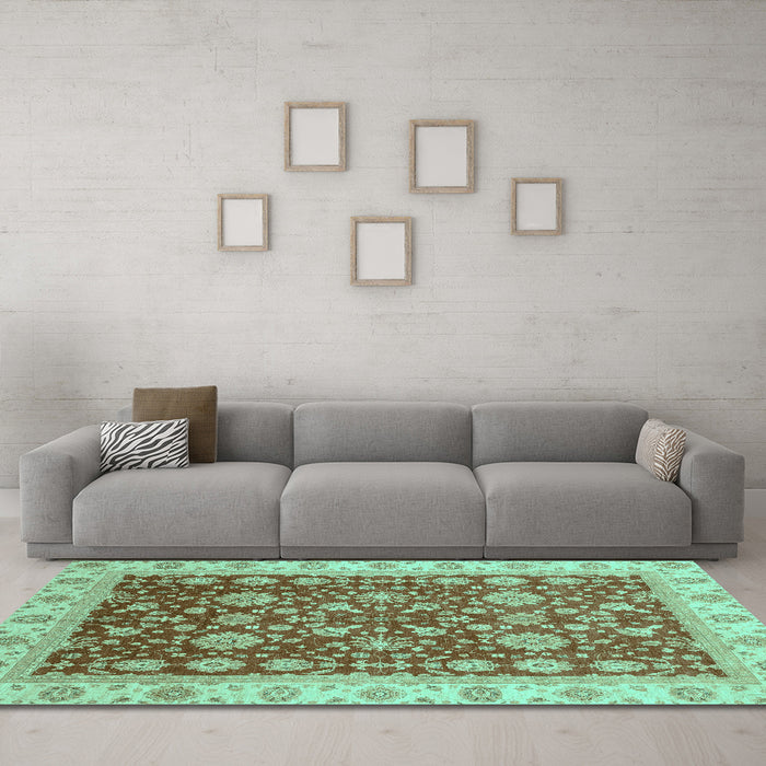 Machine Washable Oriental Turquoise Traditional Area Rugs in a Living Room,, wshabs3656turq
