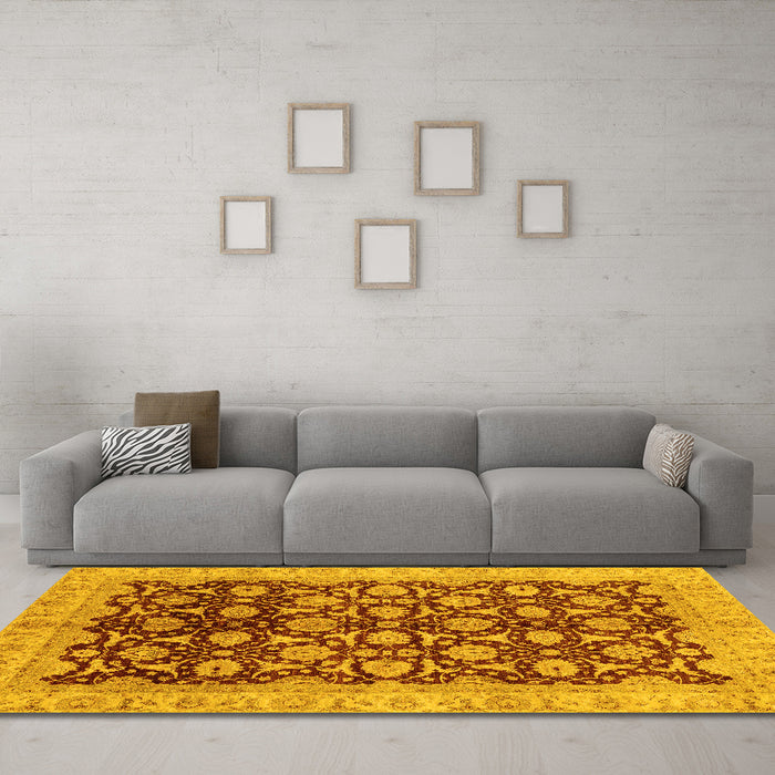 Machine Washable Oriental Yellow Traditional Rug in a Living Room, wshabs3657yw