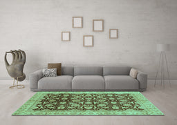 Machine Washable Oriental Turquoise Traditional Area Rugs in a Living Room,, wshabs3657turq