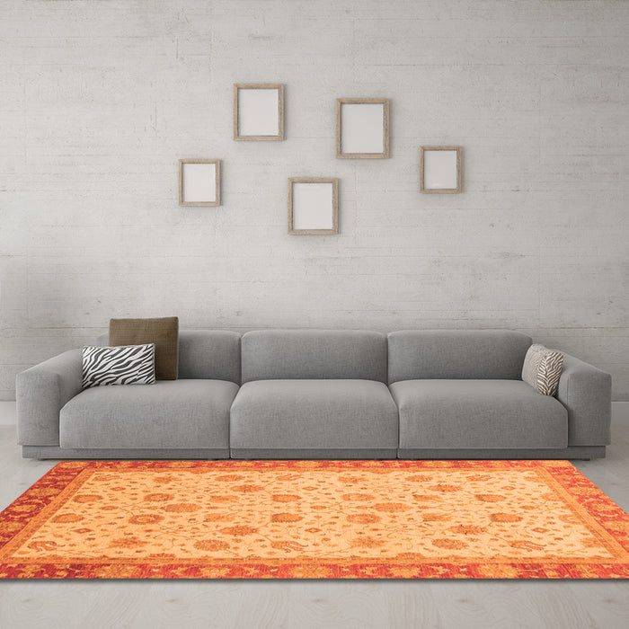 Machine Washable Abstract Orange Modern Area Rugs in a Living Room, wshabs3659org