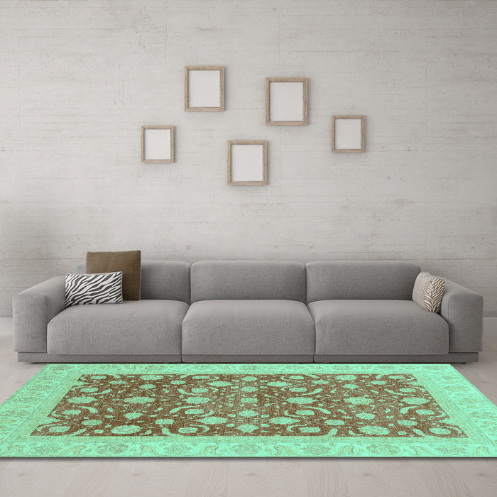 Machine Washable Oriental Turquoise Traditional Area Rugs in a Living Room,, wshabs3661turq