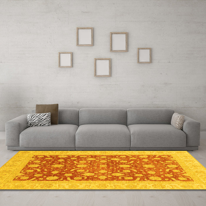 Machine Washable Oriental Yellow Traditional Rug in a Living Room, wshabs3661yw