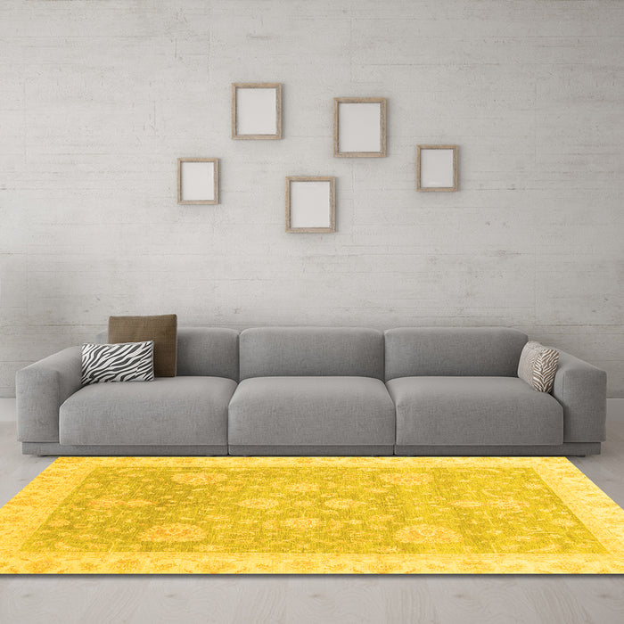 Machine Washable Oriental Yellow Traditional Rug in a Living Room, wshabs3663yw