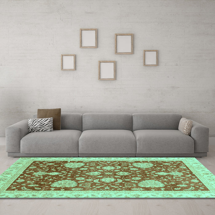 Machine Washable Oriental Turquoise Traditional Area Rugs in a Living Room,, wshabs3665turq