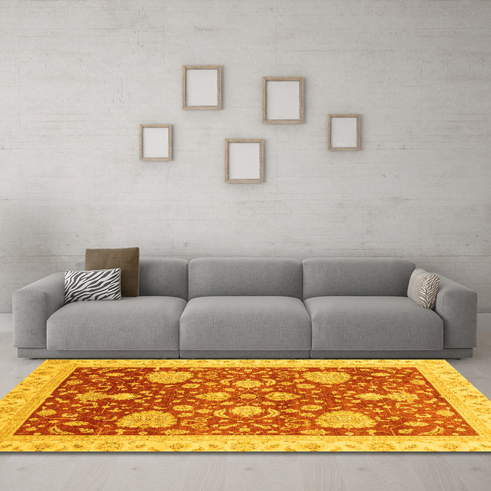 Machine Washable Oriental Yellow Traditional Rug in a Living Room, wshabs3665yw