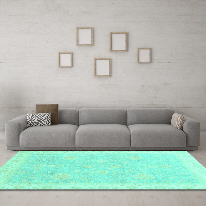 Machine Washable Oriental Turquoise Traditional Area Rugs in a Living Room,, wshabs3666turq