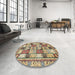 Round Machine Washable Abstract Brown Gold Rug in a Office, wshabs366