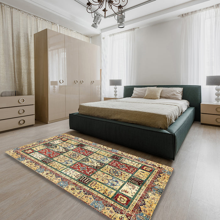 Machine Washable Abstract Brown Gold Rug in a Bedroom, wshabs366