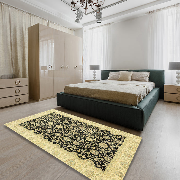 Abstract Mustard Yellow Oriental Rug in a Bedroom, abs3676