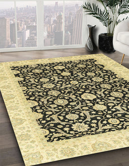 Abstract Mustard Yellow Oriental Rug in Family Room, abs3676
