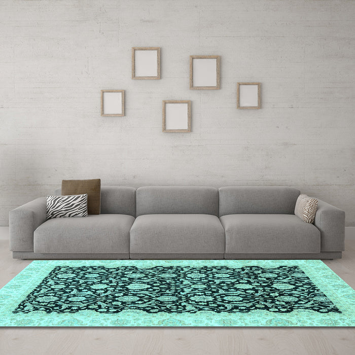 Machine Washable Oriental Light Blue Traditional Rug in a Living Room, wshabs3676lblu