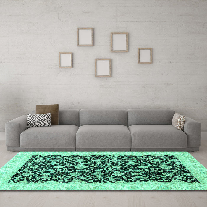 Machine Washable Oriental Turquoise Traditional Area Rugs in a Living Room,, wshabs3676turq