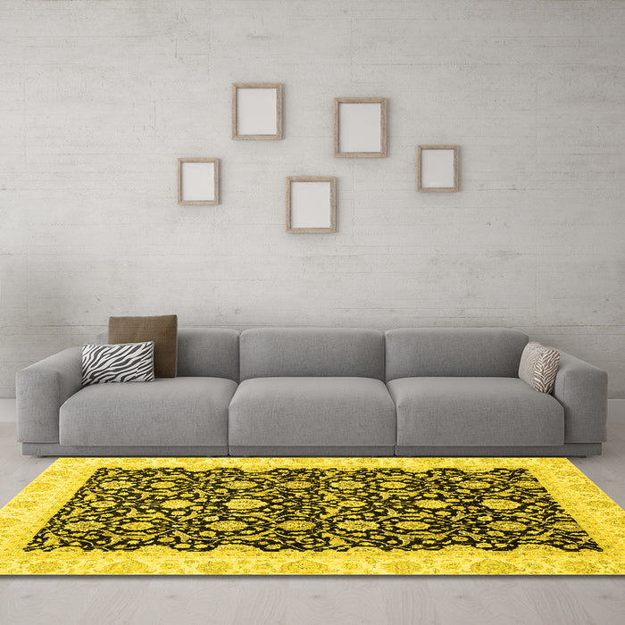 Machine Washable Oriental Yellow Traditional Rug in a Living Room, wshabs3676yw
