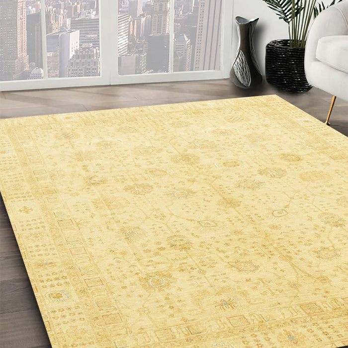 Abstract Chrome Gold Yellow Oriental Rug in Family Room, abs3677