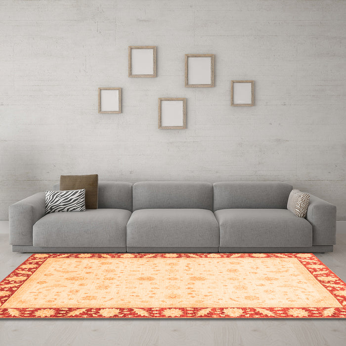 Machine Washable Abstract Orange Modern Area Rugs in a Living Room, wshabs3679org
