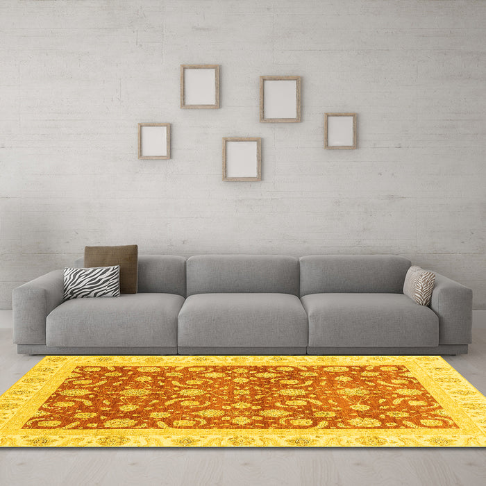 Machine Washable Oriental Yellow Traditional Rug in a Living Room, wshabs3680yw
