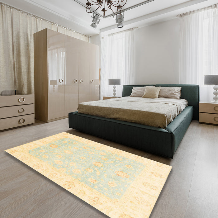 Abstract Brown Gold Oriental Rug in a Bedroom, abs3683