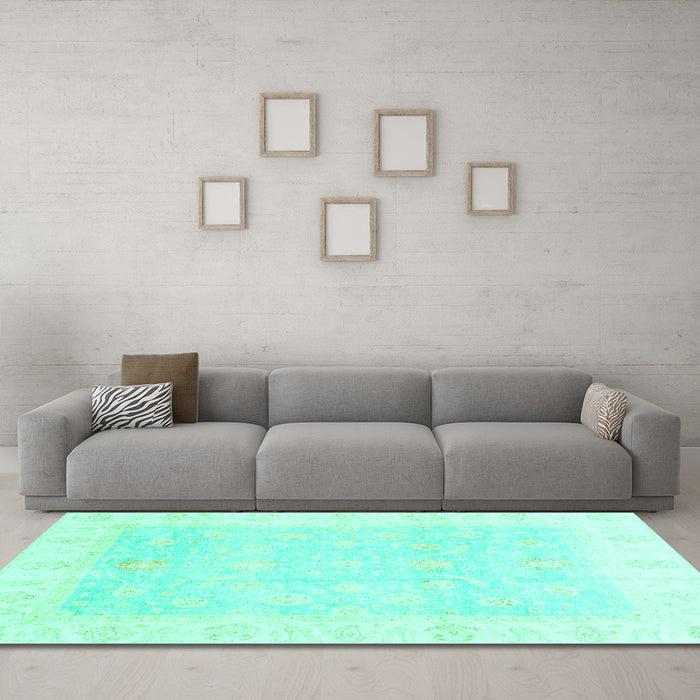 Machine Washable Oriental Turquoise Traditional Area Rugs in a Living Room,, wshabs3683turq