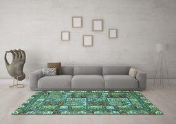 Machine Washable Abstract Turquoise Modern Area Rugs in a Living Room,, wshabs368turq
