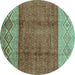 Round Machine Washable Abstract Turquoise Modern Area Rugs, wshabs3696turq