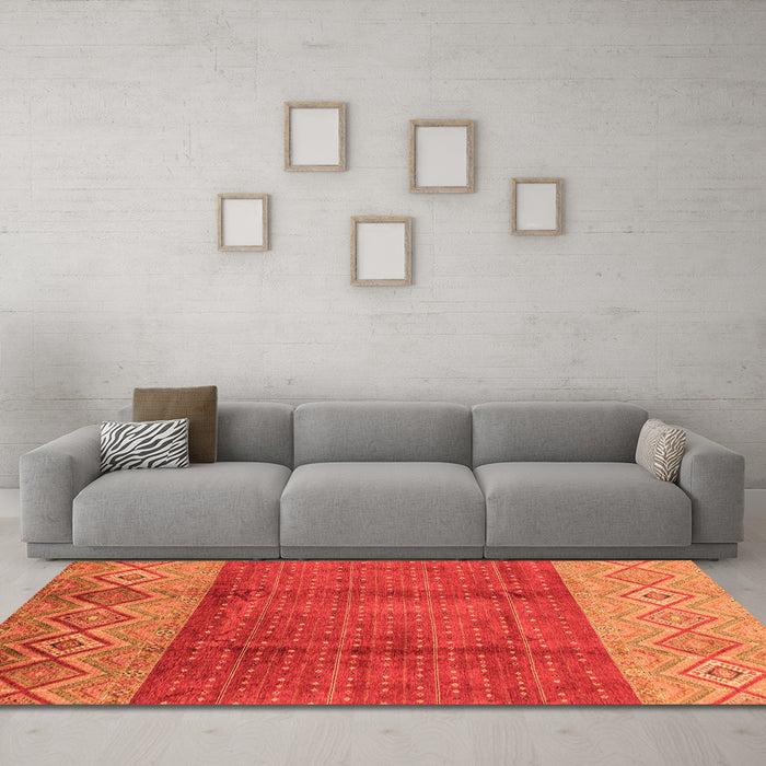 Machine Washable Abstract Orange Modern Area Rugs in a Living Room, wshabs3696org