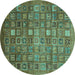 Round Machine Washable Abstract Turquoise Modern Area Rugs, wshabs3697turq