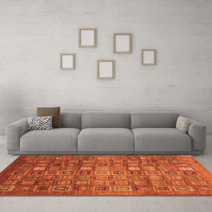 Machine Washable Abstract Orange Modern Area Rugs in a Living Room, wshabs3697org