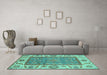 Machine Washable Oriental Turquoise Traditional Area Rugs in a Living Room,, wshabs3699turq