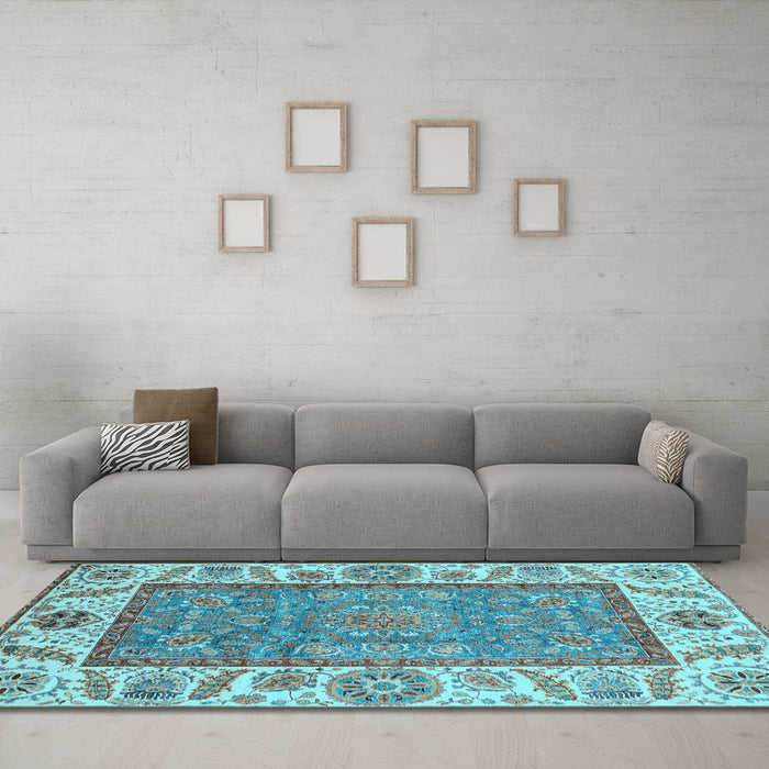 Machine Washable Oriental Light Blue Traditional Rug in a Living Room, wshabs3699lblu