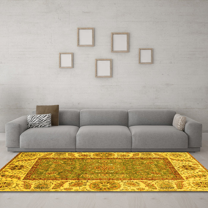 Machine Washable Oriental Yellow Traditional Rug in a Living Room, wshabs3699yw