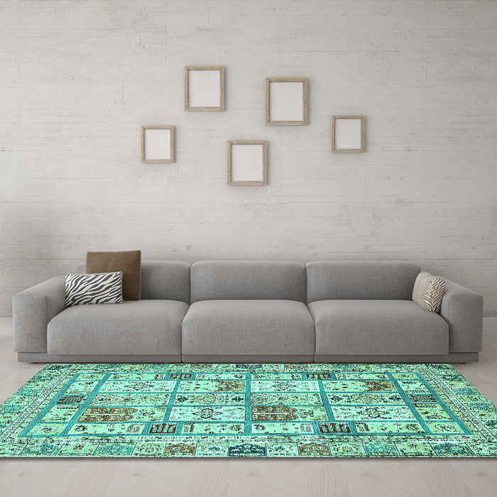 Machine Washable Abstract Turquoise Modern Area Rugs in a Living Room,, wshabs369turq