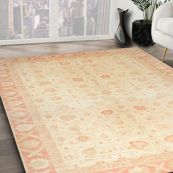 Abstract Khaki Gold Oriental Rug in Family Room, abs36