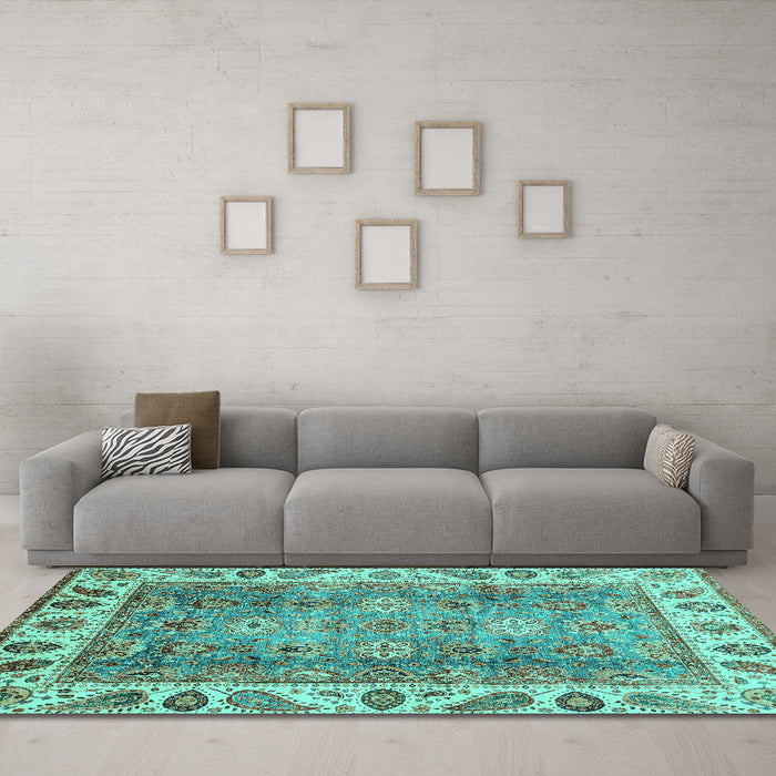 Machine Washable Oriental Turquoise Traditional Area Rugs in a Living Room,, wshabs3700turq