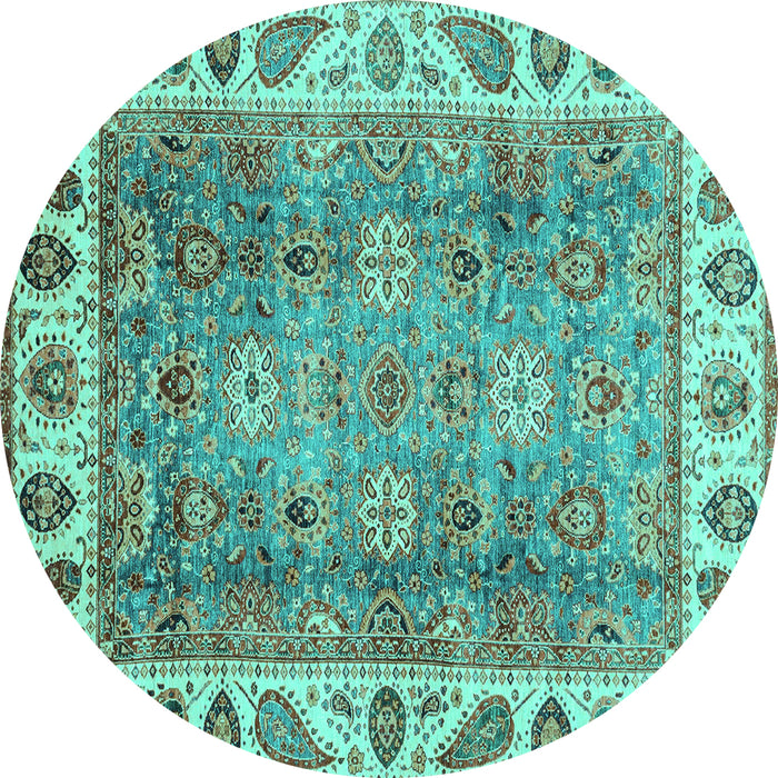 Round Machine Washable Oriental Turquoise Traditional Area Rugs, wshabs3700turq