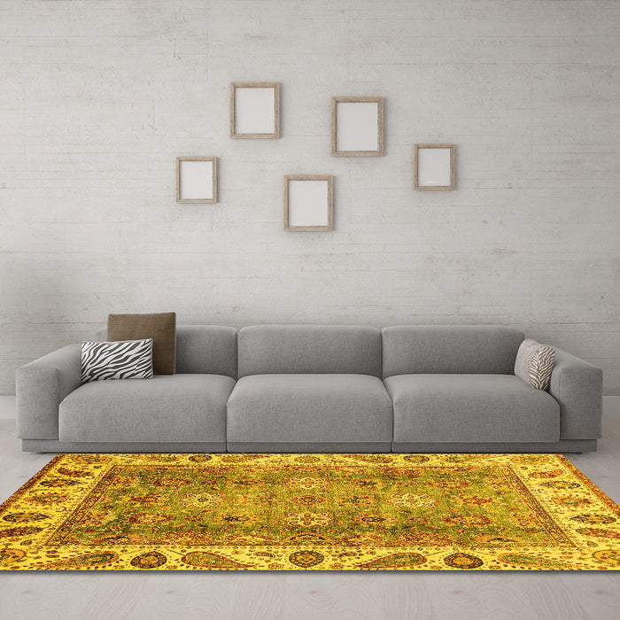 Machine Washable Oriental Yellow Traditional Rug in a Living Room, wshabs3700yw