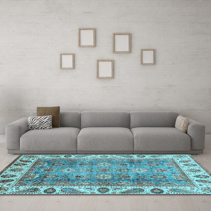 Machine Washable Oriental Light Blue Traditional Rug in a Living Room, wshabs3700lblu