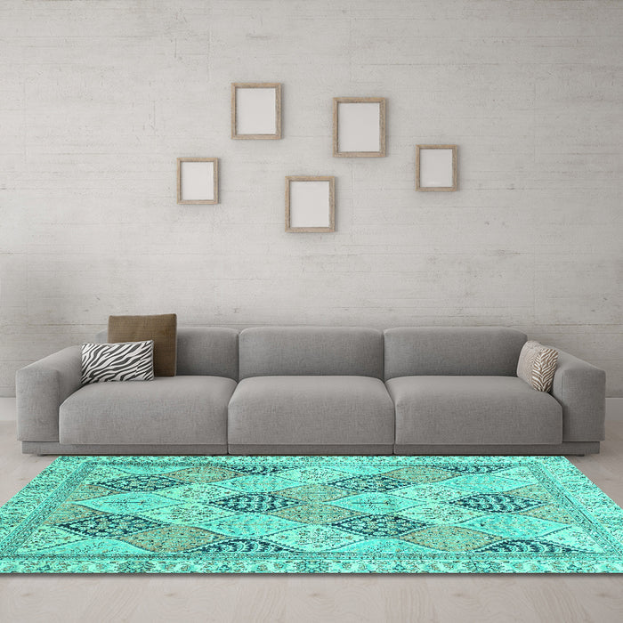 Machine Washable Abstract Turquoise Modern Area Rugs in a Living Room,, wshabs3704turq