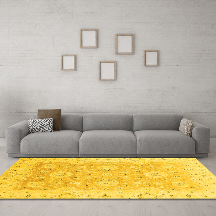 Machine Washable Oriental Yellow Traditional Rug in a Living Room, wshabs3705yw