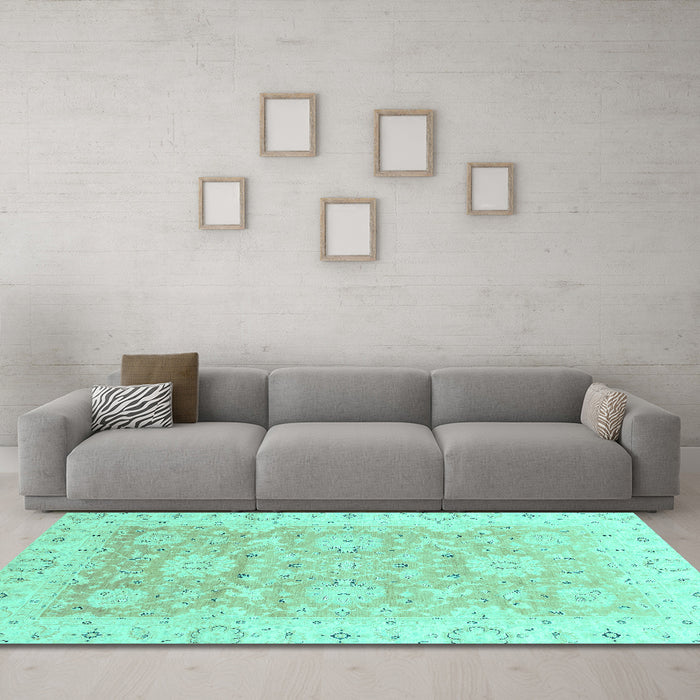 Machine Washable Oriental Turquoise Traditional Area Rugs in a Living Room,, wshabs3705turq