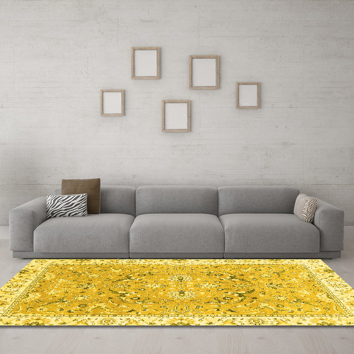 Machine Washable Abstract Yellow Modern Rug in a Living Room, wshabs3706yw
