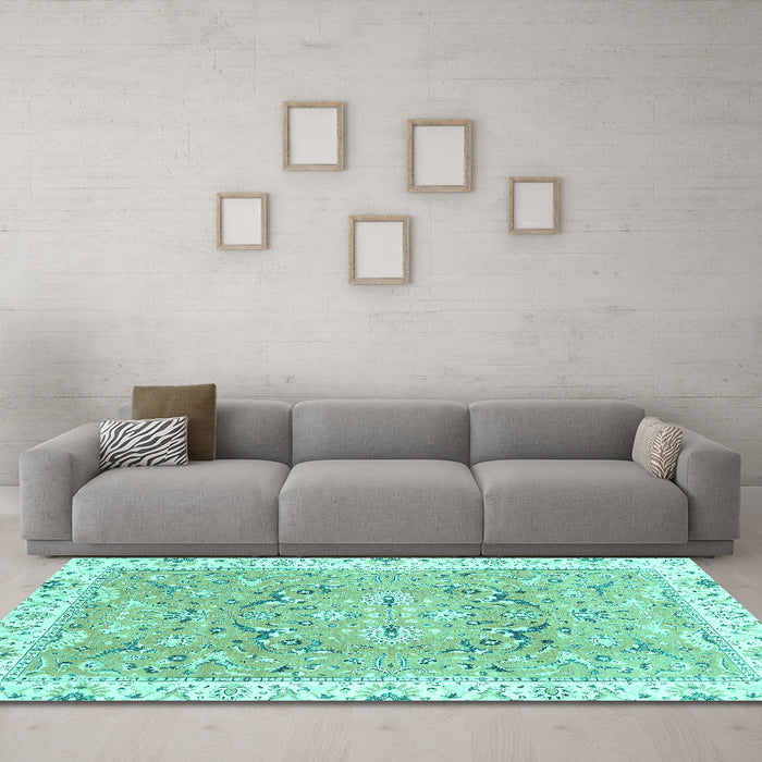 Machine Washable Abstract Turquoise Modern Area Rugs in a Living Room,, wshabs3706turq