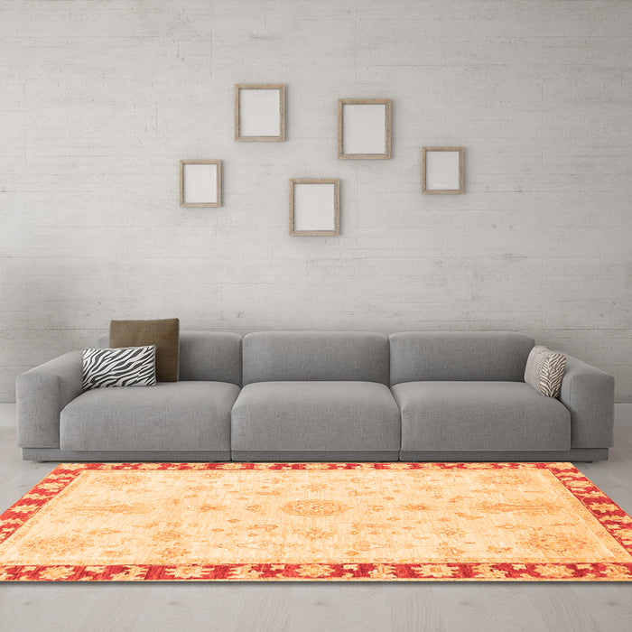 Machine Washable Abstract Orange Modern Area Rugs in a Living Room, wshabs3707org
