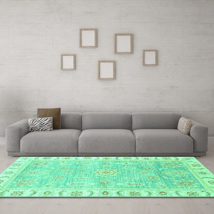 Machine Washable Oriental Turquoise Traditional Area Rugs in a Living Room,, wshabs3711turq