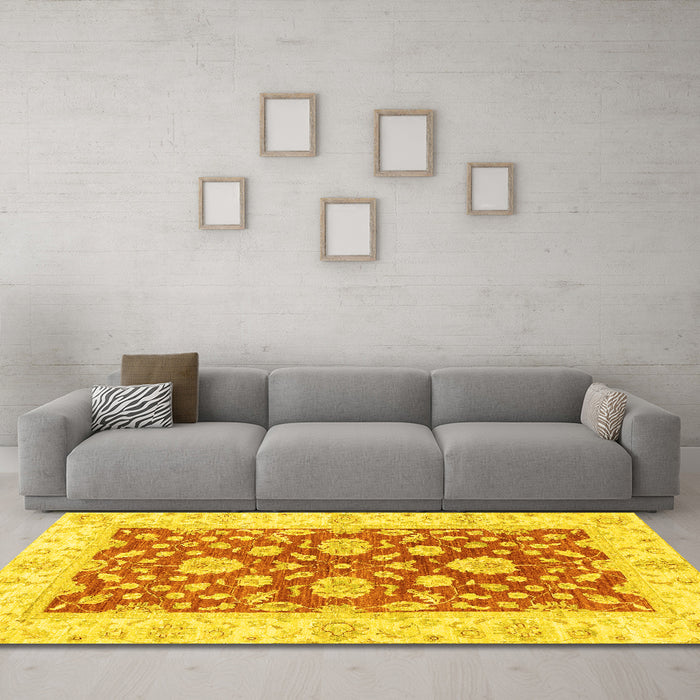 Machine Washable Oriental Yellow Traditional Rug in a Living Room, wshabs3712yw