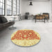 Round Abstract Mustard Yellow Oriental Rug in a Office, abs3712